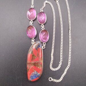Red Coral & Lapis Lazuli 925 Silver Plated Necklace 16"